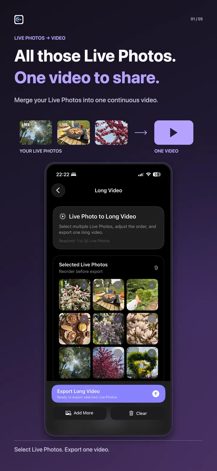 Merge scattered Live Photos into one shareable video in Fremeliq