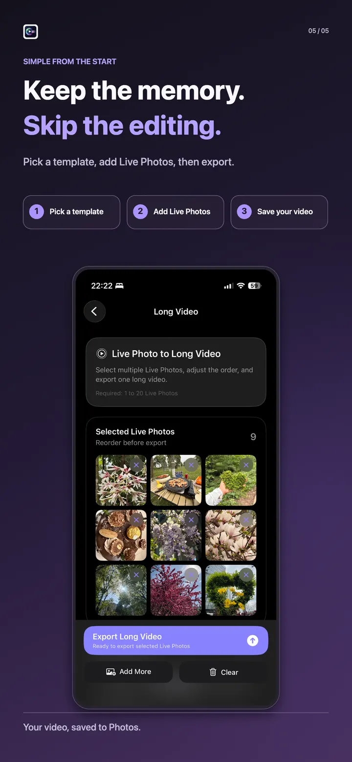 Choose a Fremeliq template, add Live Photos, and save a video