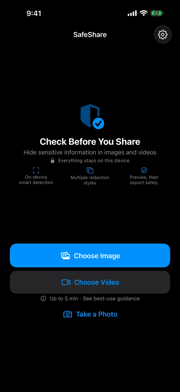SafeShare photo and video privacy tools on iPhone