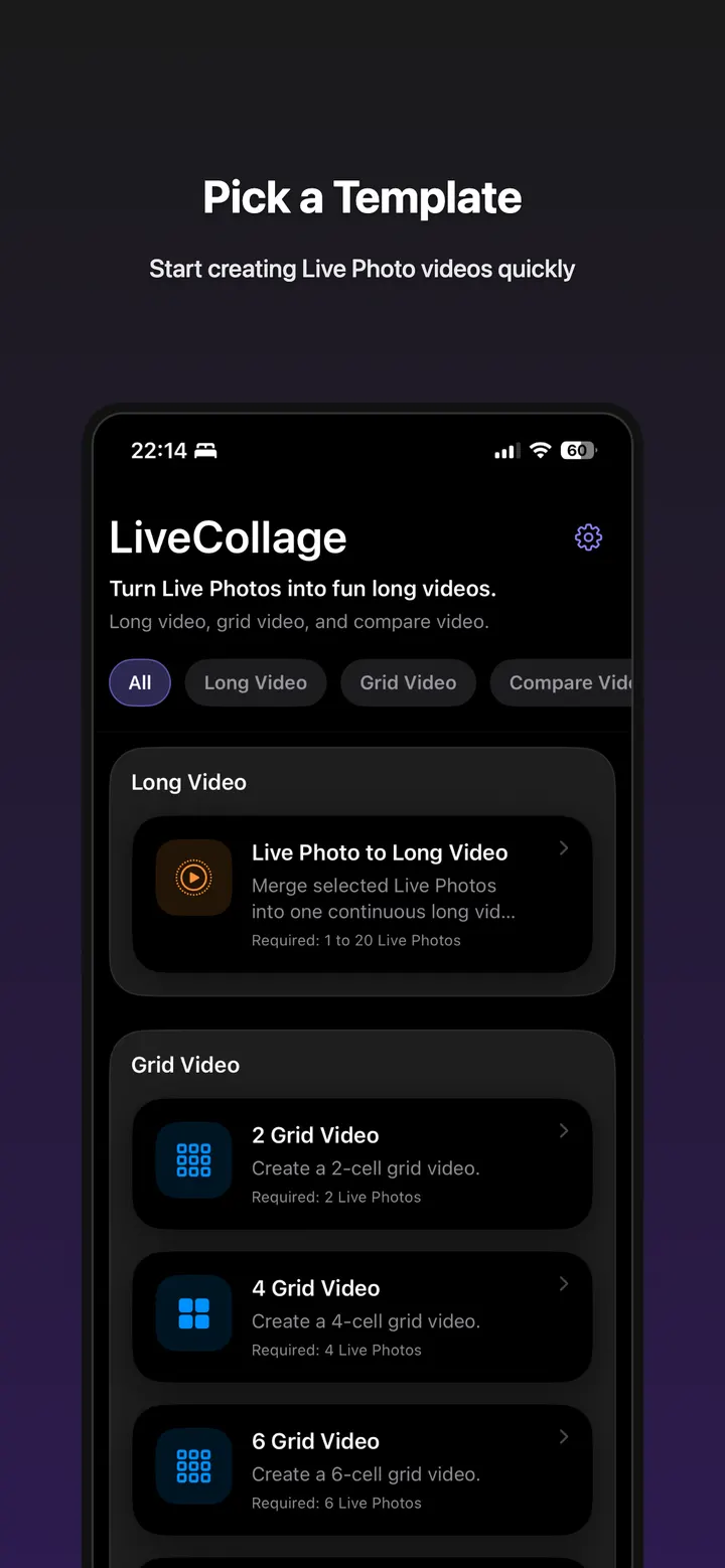 LiveCollage template selection on iPhone