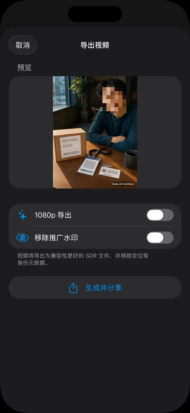 从 SafeShare 导出完成打码的视频