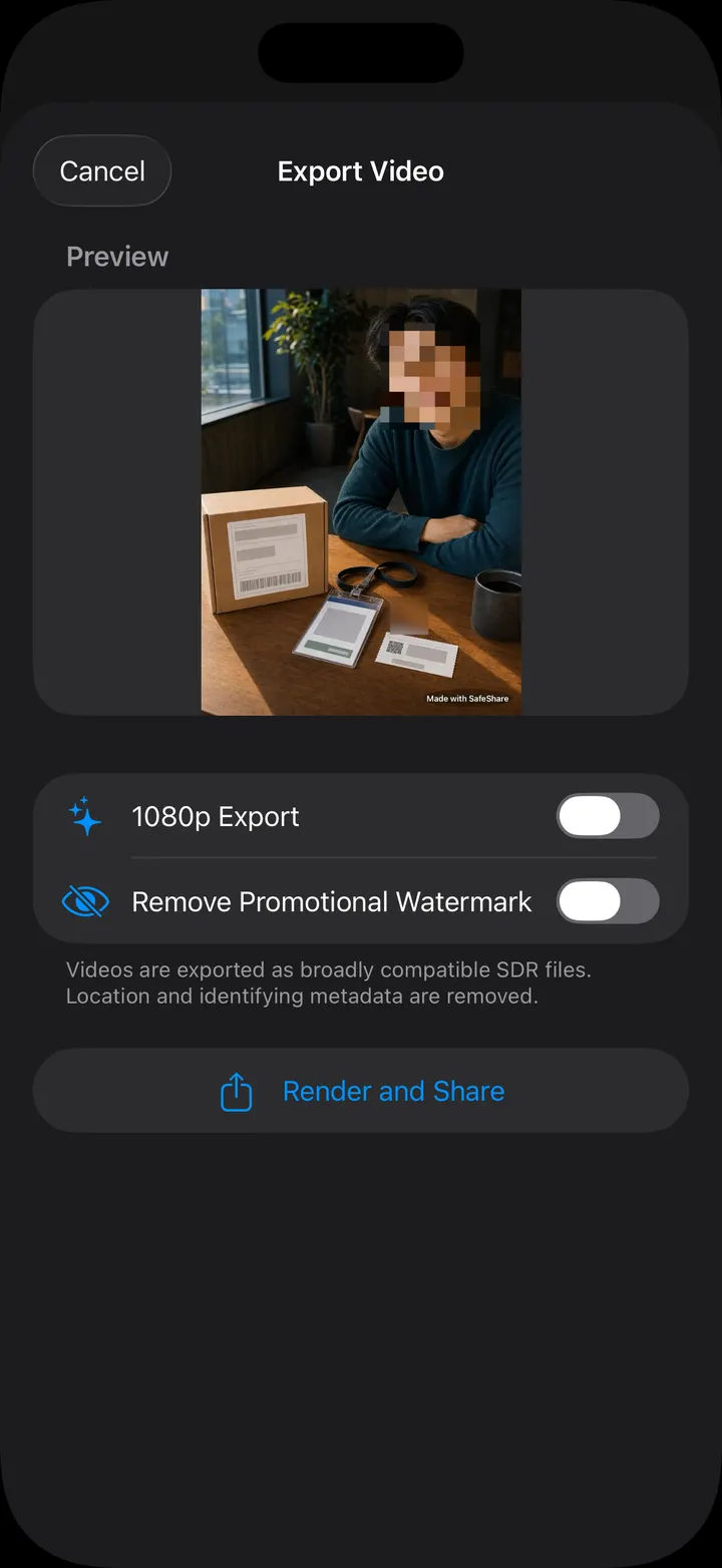 Exporting a redacted video from SafeShare