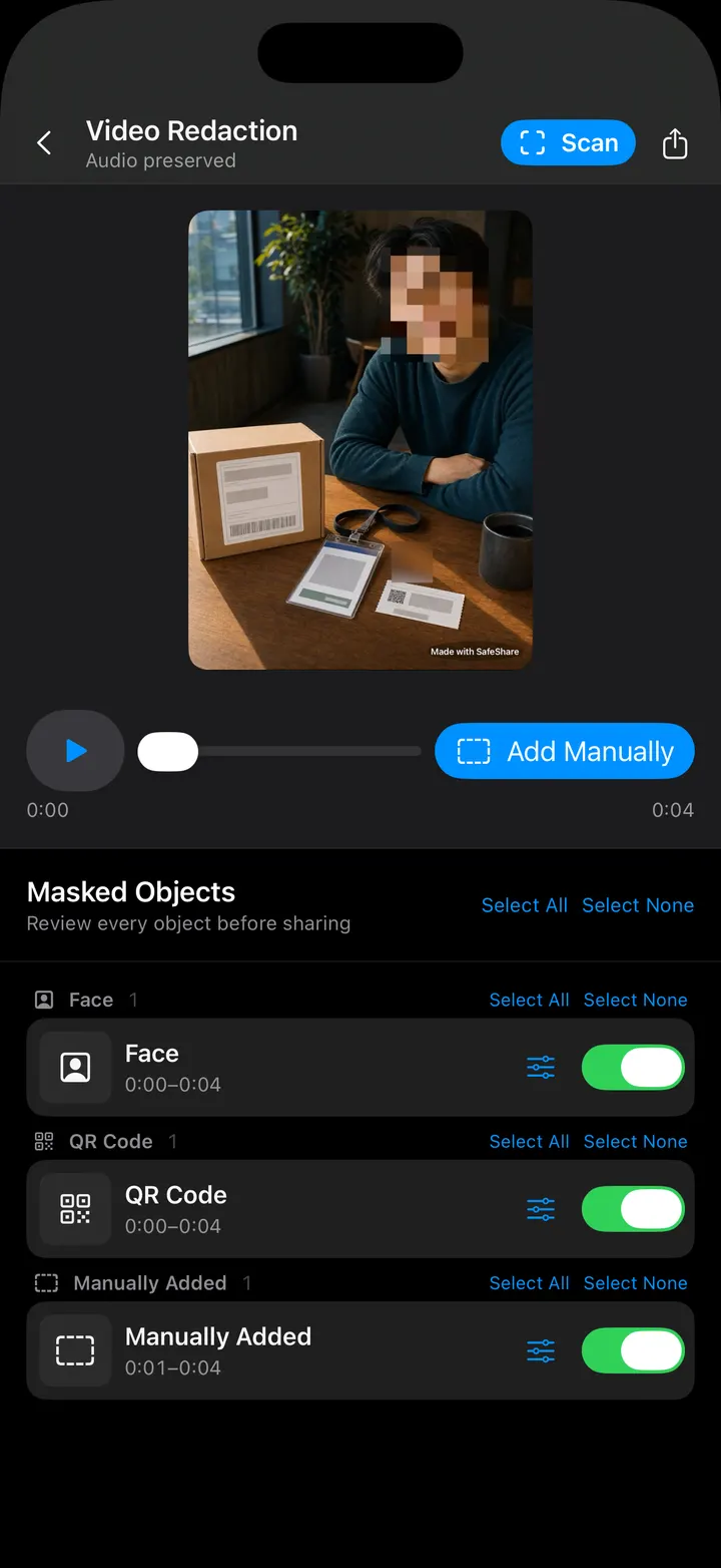 Reviewing face and QR code tracks detected in a video